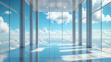 full 360 degree panorama view of empty abstract futuristic technology building interior with sky and clouds 3d render illustration hdri hdr vr style