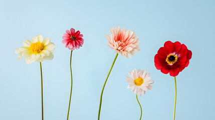 Obraz premium 5 flowers of different types and colors on a light blue background