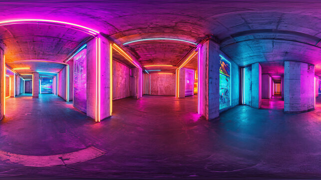 360 degree full panorama environment map of empty futuristic neon light dark concrete basement 3d render illustration hdri hdr vr virtual reality