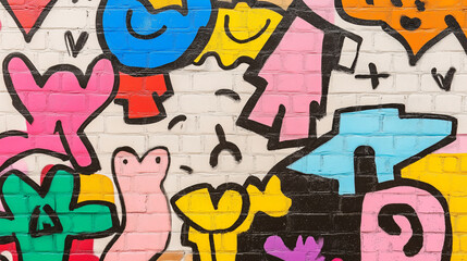 Obraz premium Vibrant graffiti artwork featuring abstract shapes and bold colors on a brick wall. The design includes playful elements outlined in black for a striking urban aesthetic.