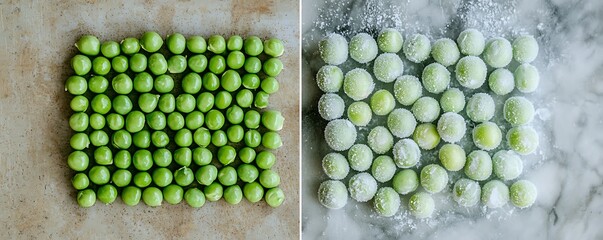 Frozen peas side-by-side with defrosted ones, highlighting texture changes.