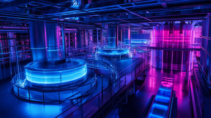 360 degree panorama of neon light industrial basement room with cyber punk design and neon blue and violet lights 3d render illustration hdr hdri vr virtual reality environment map