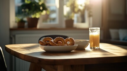 Sunny morning, pastries and juice on wooden table, kitchen background, breakfast