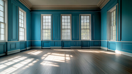 empty room with blue walls and wooden floor interior 3d rendering illustration 360 equirectangular panorama