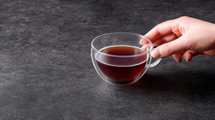 Hand Holding a Glass of Dark Coffee on a Dark Background