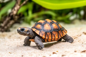 Obraz premium A baby tortoise makes its way across soft sand, showcasing its vibrant shell patterns. Surrounded by greenery, it explores its natural habitat under bright daylight