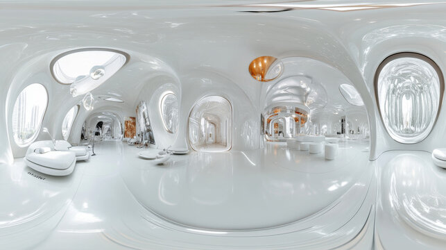 360 degree full panorama environment map of bright white studio futuristic light interior with metallic reflections 3d render illustration hdri hdr vr virtual reality