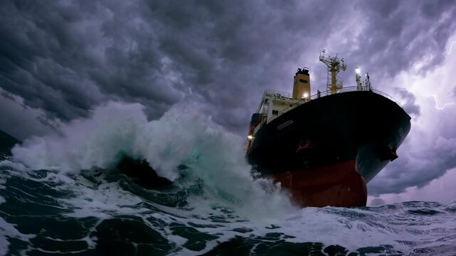 Cargo ship battles raging storm at sea. Massive vessel faces towering waves and ominous dark clouds. Dramatic scene of maritime power against nature's fury