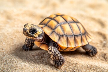 Obraz premium A small baby tortoise is making its way across soft sand. Its patterned shell glistens in the sunlight as it navigates the sandy terrain with slow, careful movements