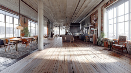 full 360 panorama view environment map of industrial style loft studio with wood floor 3d render illustration hdri hdr vr style