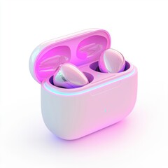 Sleek wireless earbuds charging case with a futuristic design, placed on a bright white background