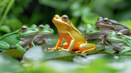 Fototapeta premium Golden Frog Among Green Frogs on Lily Pads