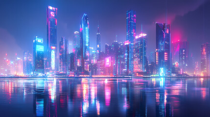 Breathtaking futuristic cityscape with towering illuminated skyscrapers vibrant neon lights and shimmering reflections across the waterfront. Shimmering Bay. Illustration