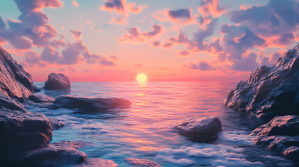Breathtaking sunset view over a rugged rocky coastline with the shimmering sea glowing under the fading light of the sun a serene and picturesque natural landscape scene. Shimmering Bay. Illustration