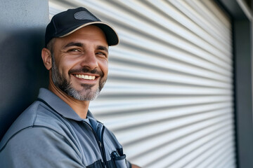 Maintenance Worker Repairing Industrial Garage Door - Professional Service Portrait
