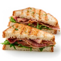 Grilled ham sandwiches, studio shot, white background, lunch menu