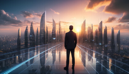Business man on future network city with beautiful sunset v5	