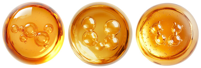 Gold oil bubble set isolated on transparent background. Realistic yellow serum droplet of drug or collagen essence. PNG