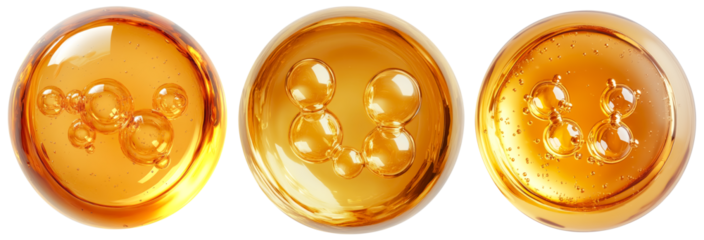 Gold oil bubble set isolated on transparent background. Realistic yellow serum droplet of drug or collagen essence. PNG