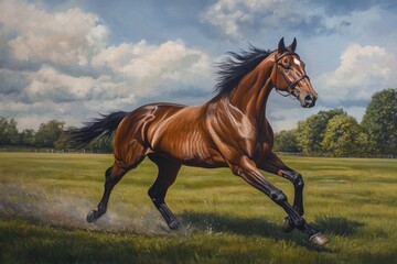 Energetic Bay Horse Galloping Across Lush Green Grass in a Natural Setting