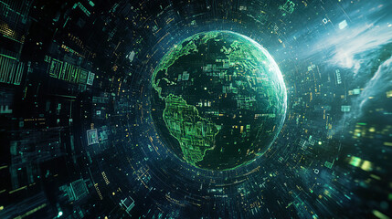 Obraz premium Rotating Earth with Digital Data Overlay