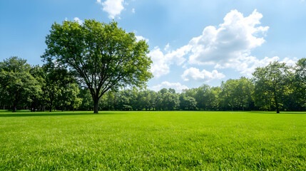 Fototapeta premium Sunny park, single tree, green grass, blue sky, nature
