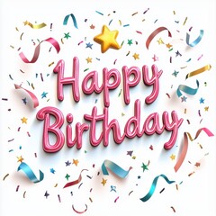 Playful cartoon-style Happy Birthday text with stars and streamers, centered on a clean white background