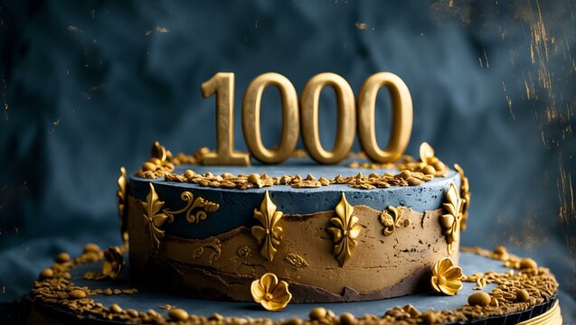 Elegant cake with gold "1000" topper and ornate decorations, celebration theme for milestone, copy space