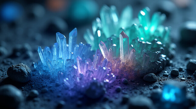 Translucent crystals in shades of blue, violet, pink and turquoise