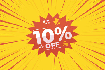 10% off sale banner vector with red and yellow sunburst background and white text. Perfect for flash sale, special offers, big sale, e-commerce, online promotions and discount advertising.