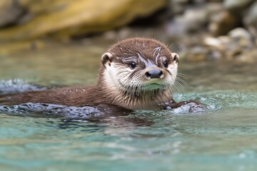 Obraz premium Playful otter pups swim through a crystal-clear river, showcasing their agility and curiosity. They explore their aquatic environment in a lively and engaging manner