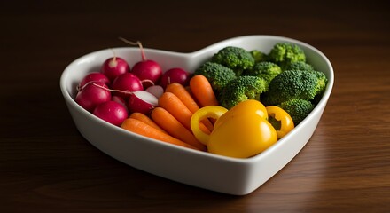 Radish, carrots, broccoli, bell pepper, healthy snack in a white heart-shaped bowl.  Yummy veggies!