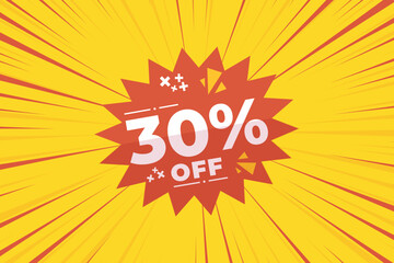 30% off sale banner vector with red and yellow sunburst background and white text. Perfect for flash sale, special offers, big sale, e-commerce, online promotions and discount advertising.