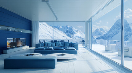 Fototapeta premium blue modern living room loft wall with white wooden floor 3d render illustration