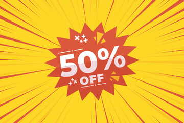 50% off sale banner vector with red and yellow sunburst background and white text. Perfect for flash sale, special offers, big sale, e-commerce, online promotions and discount advertising.