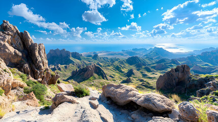 Mountaintop desert vista, sunny sky, ocean view. Hiking trail. Panoramic landscape