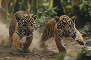 Obraz premium Two lively tiger cubs romp through the lush jungle, playfully chasing one another. Their energy and curiosity epitomize the youthful spirit of wildlife in a natural habitat