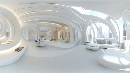 full 360 spherical panorama view of white futuristic technology design interior 3d render illustration hdri hdr vr style