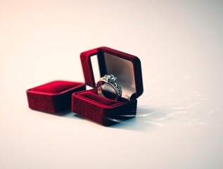 Elegant engagement ring in an open red velvet box. Wedding, proposal, Valentine’s Day, anniversary themes. Jewelry, love, romance concept, copy space