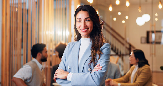 Portrait, smile and creative business woman with arms crossed for event planning, artist consultant or director. Gallery curator, happy and startup founder with person in agency for confidence