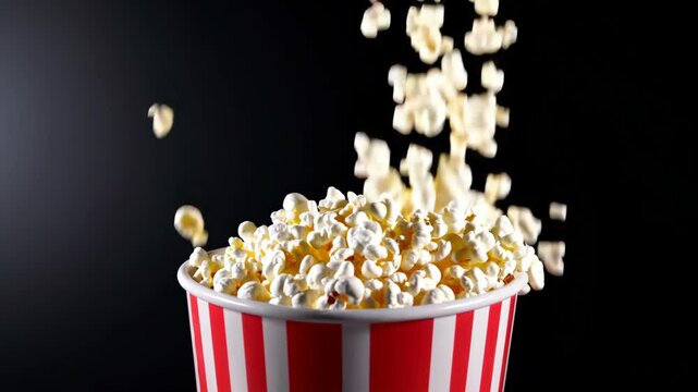Popcorn falling into striped bucket. Tasty cinema snack in motion. Fresh kernels popping into container. Movie theater treat captured mid-air. Entertainment food close-up