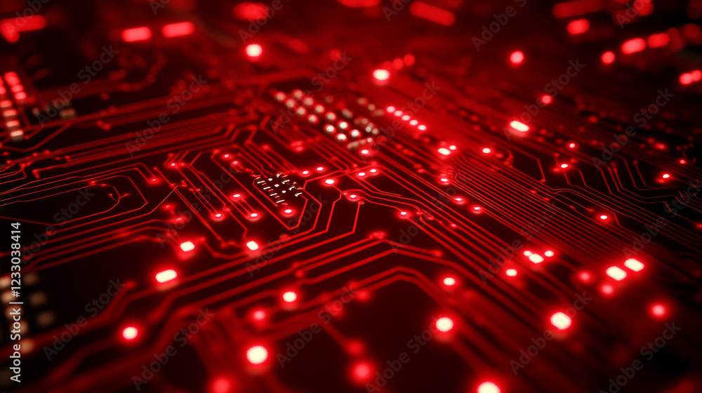 Aufkleber computer micro high technology hardware circuit board with red lighting 3d render illustration