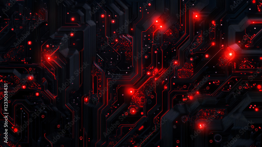 Poster computer micro high technology hardware circuit board with red lighting 3d render illustration