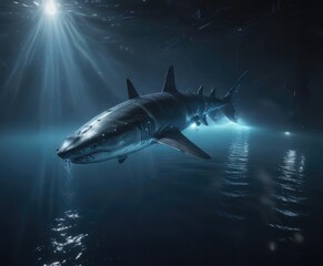 Fototapeta premium Dark blue water with a shark-like submarine hovering above it, shining bright with bioluminescent lights , glowing lights, deep sea glow, mysterious depths