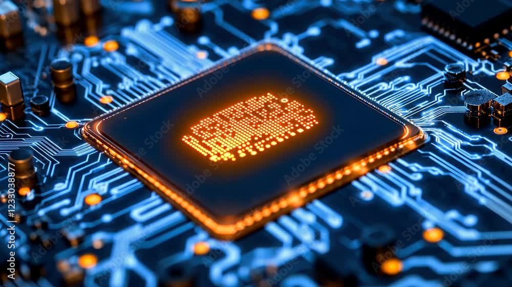 Aufkleber circuit board with microprocessor illuminated in blue and orange colors showcasing intricate technol