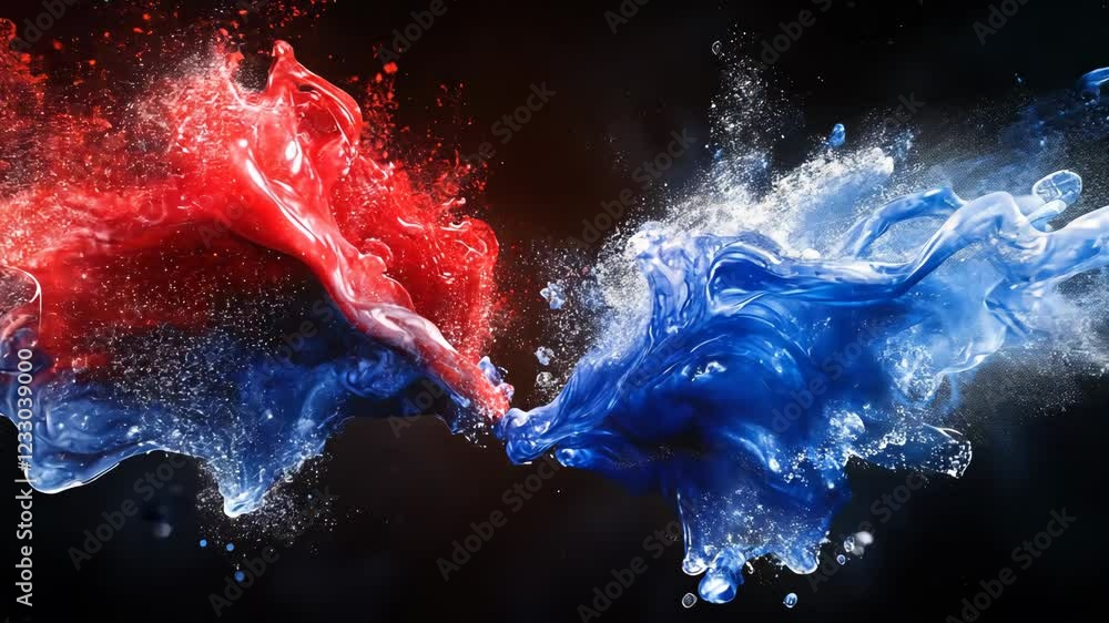 Poster colorful splashes collide in dynamic display of red and blue paint against a dark background