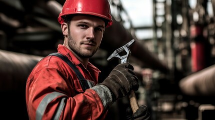 A pipefitter in a red hard hat and work uniform, holding a pipe wrench and looking directly at the camera