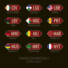 Set of vector illustrations of  ISO 3166 1 alpha 3 and flags of African countries. Part 3.
