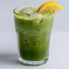 Iced green juice drink, lemon garnish, studio shot, healthy beverage