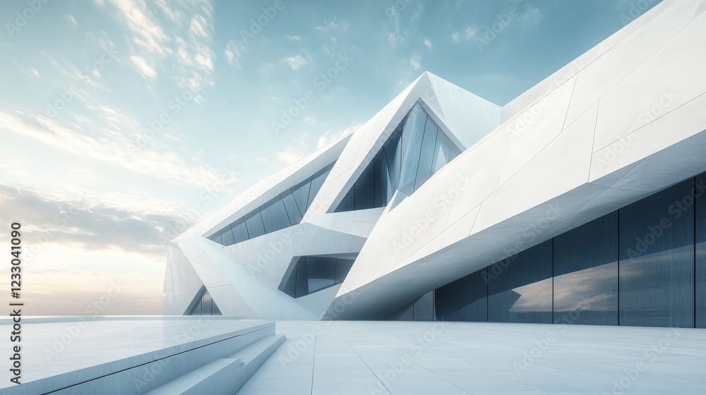 Poster abstract grey concrete architecture building with geometric triangle shape elements 3d render illust